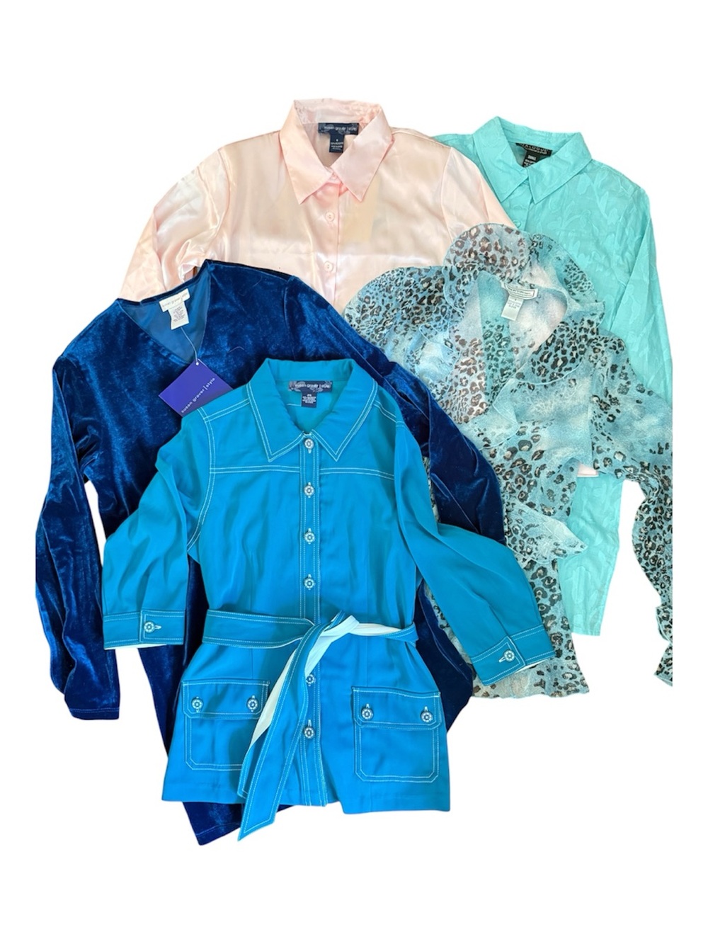 Mixed Vintage Blouse Bundle - Teal, Navy, Pink, Mint, Leopard